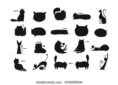 Gatos divertidos, personaje de la colección de gatos para tu diseño. Siluetas negras. Ilustración del vector