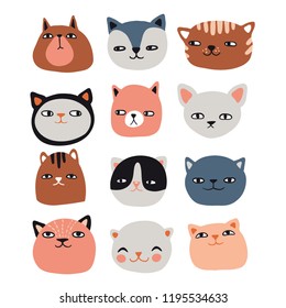 Funny cats collection. Pet vector illustration. Cartoon doodle animals images. Cute kitten design for girls, kids. Hand drawn characters