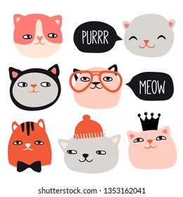 Funny cats collection. Pet vector illustration. Cartoon doodle animals images. Cute kitten design for girls, kids. Hand drawn characters