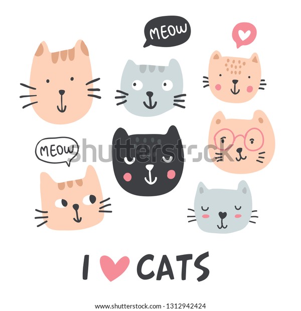 おかしな猫コレクション ペットのベクターイラスト 猫が好きなアニメの落書き風動物の画像が描かれています 女の子や子ども向けのかわいい子猫デザイン 手描きの文字 ベクター画像 のベクター画像素材 ロイヤリティフリー