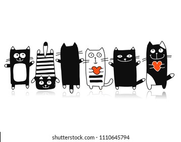 Funny cats collection, sketch for your design. Vector illustration