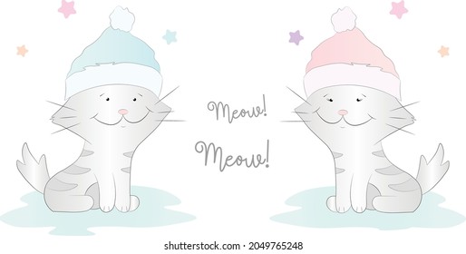 Funny cats with colorful winter hats isolated on white background vector illustration