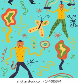 Funny cats conjure incredible color spells. Vector seamless background