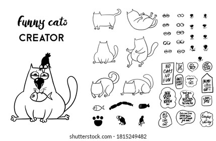 Funny cats creator. hand drawn vector illustration of various elements for creating cats characters.
