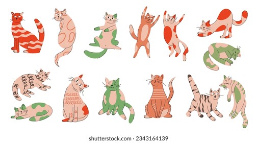 Funny cats. Cute colorful adorable animals in different poses. Doodle drawing stickers. Sitting and playing kitty. Happy pets sitting. Playful mammals. Cartoon flat isolated vector characters