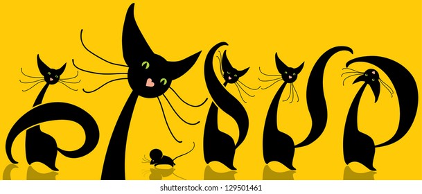 Funny cats. Cute illustration with funny black cat and mouse scrolling.