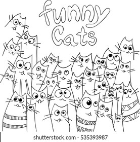 Funny cats design. Page for coloring book in doodle style. Hand drawing.