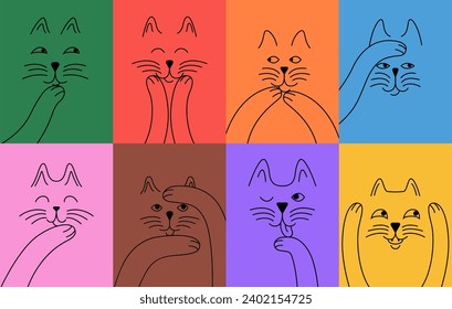 Gatos divertidos con diferentes emociones dibujadas a mano.  Ilustración de Doodle para su diseño.