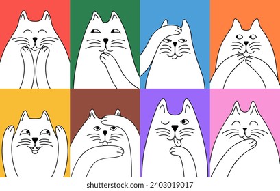 Gatos divertidos con diferentes emociones dibujadas a mano. Ilustración de Doodle para su diseño.