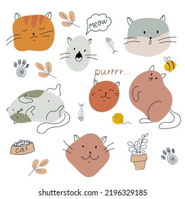 Funny cats in different poses. Simple kittens from spots and lines. Cute animal print. Vector illustration isolated on white background.