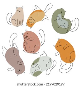 Funny cats in different poses. Simple kittens from spots and lines. Cute animal print. Vector illustration isolated on white background.