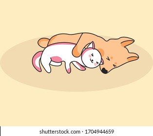 funny cats and dogs puppies rejoices and have rest, color background