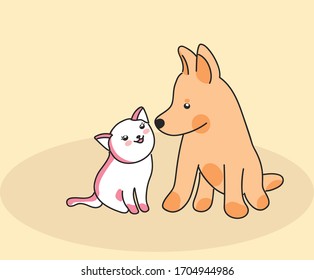 funny cats and dogs puppies rejoices jumping and playing, color background