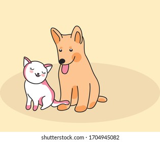 funny cats and dogs puppies rejoices jumping and playing, color background
