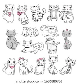Funny cats. Doodle pets hand drawn characters comic animals vector illustrations