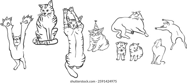 Funny cats doodles, hand-drawn whimsical illustrations sketch style