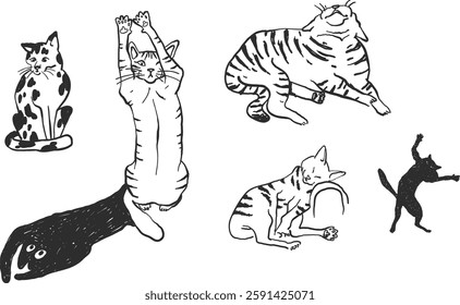 Funny cats doodles, hand-drawn whimsical illustrations sketch style