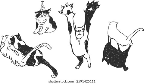 Funny cats doodles, hand-drawn whimsical illustrations sketch style