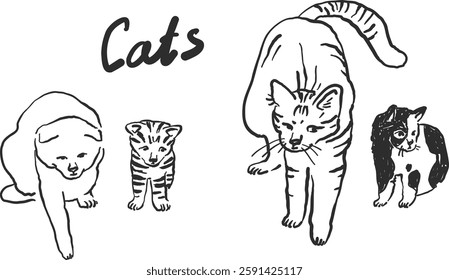 Funny cats doodles, hand-drawn whimsical illustrations sketch style