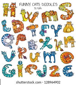 funny cats doodles set, color