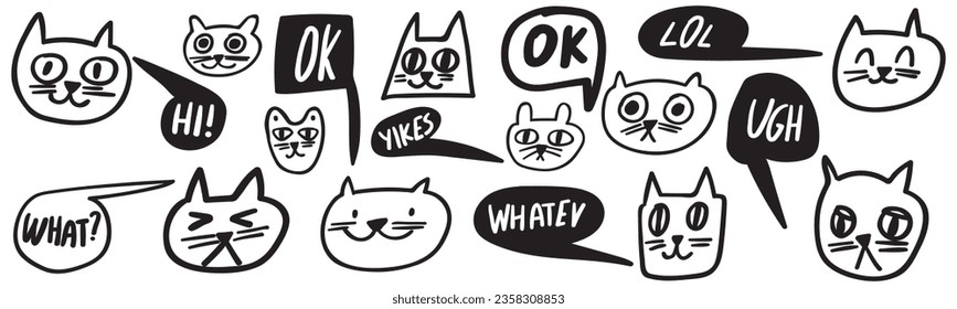 Funny cats faces. Humor. Speech bubbles. Modern trends phrases. Ok, lol, what, hi! Outline vector. Black and white illustrations. Best for stickers. Graphic design icons on white background.  svg