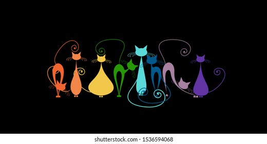 Funny cats family, black silhouette. Vector illustration