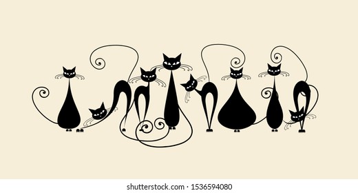 Familia de gatos divertidos, silueta negra. Ilustración del vector