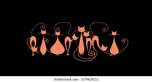 Funny cats family, black silhouette. Vector illustration