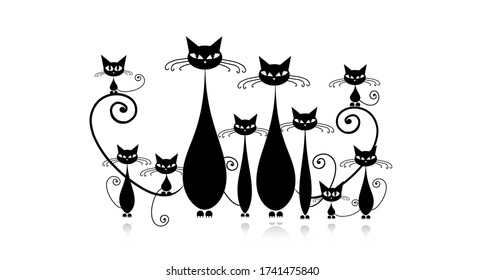 Funny cats family with kittens, black silhouette. Vector illustration