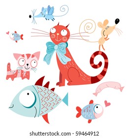 Funny cats and fish with mice