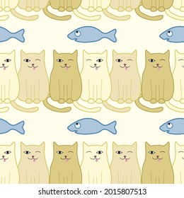 Funny cats and fish seamless pattern. Soft pastel colours