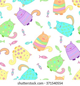 Funny cats with fish seamless pattern. Colorful background for kids. Vector 
illustration