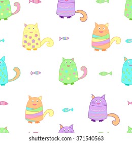 Funny cats with fish seamless pattern. Colorful background for kids. Vector 
illustration