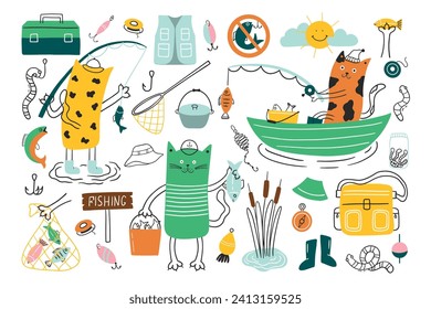 Funny cats fishing. Vector set consisting of fishing nets, hooks, spoons, worms. 