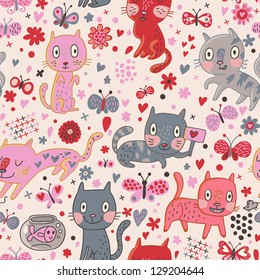 Funny cats in flowers. Cartoon vector seamless pattern