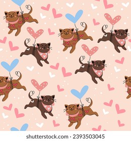 Funny cats are flying in a hot air balloon seamless pattern. Valentine's Day card. Vector illustration