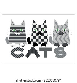 Funny cats with geometric ornaments. Design, monochrome. Vector