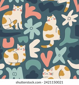 Gatos divertidos y formas geométricas sobre fondo gris. Diseño de patrones sin fisuras para mascotas. Impresión de tela para niños de gatos.