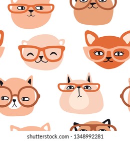 Funny cats with glasses seamless pattern. Pet vector illustration. Cartoon doodle animals background. Cute kitten design for girls, kids. Hand drawn children's pattern for clothes, shirt, fabric