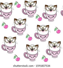 Funny cats in glasses sits in a pink cup in kawaii style on a white background seamless pattern background