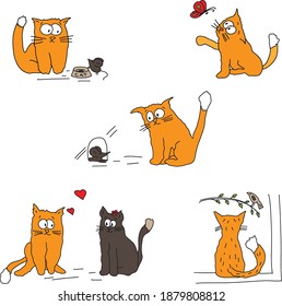 Funny cats - hand drawn vector illustration set in cartoon comic style