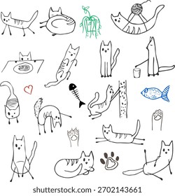 Funny cats hand-drawn in different poses and deeds, children's drawing style