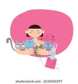Funny cats and happy girl – animal love concept