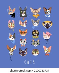 Divertido conjunto de vectores de cabeza de gatos. Personajes de mascotas de gato con gafas, sombrero y arco. Aislado sobre fondo azul