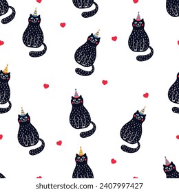 Funny cats and hearts. Cute vector seamless pattern.
Can be used in textile industry, paper, background, scrapbooking.