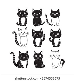 Funny cats illustration set, black and white