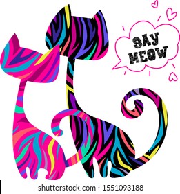 Funny Cats illustration with wild animal skin print. Neon kitten t shirt design. 