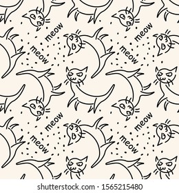 Funny cats , the inscription meow. Like a child's hand drawing. Doodle kitten pet. Seamless vector pattern on white background