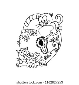 Funny cats with a key open the heart lock. Wedding Decoration. Color book. Fashion in a vector illustration