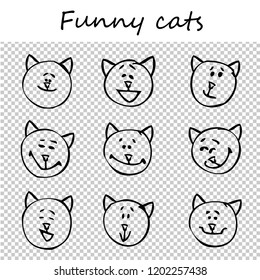 Funny cats, kittens. Doodle animal faces with positive emotions, black outlines, transparent background. Emoticons. Emotional icons. Vector illustration.